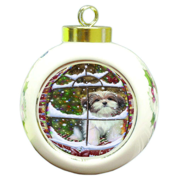 Please Come Home For Christmas Malti Tzu Dog Sitting In Window Round Ball Christmas Ornament RBPOR53941