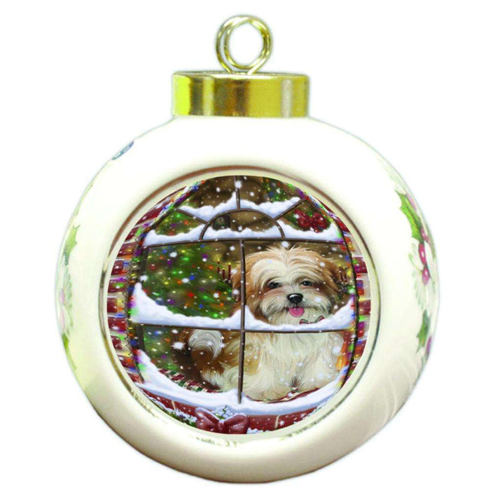 Please Come Home For Christmas Malti Tzu Dog Sitting In Window Round Ball Christmas Ornament RBPOR53942