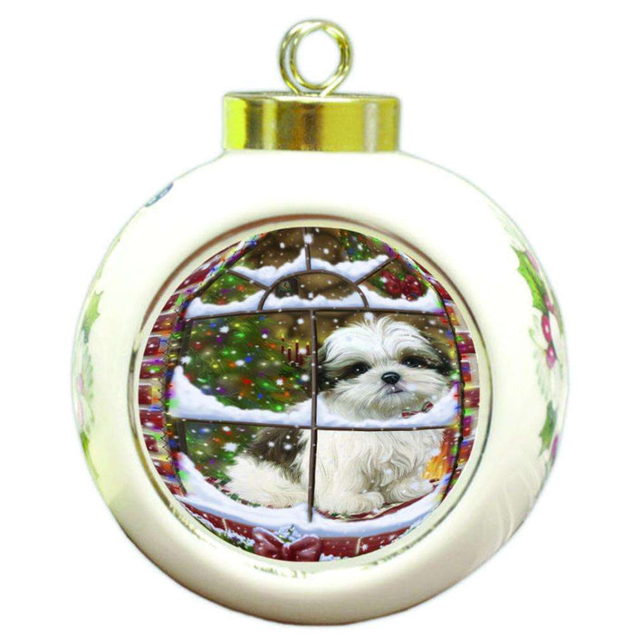Please Come Home For Christmas Malti Tzu Dog Sitting In Window Round Ball Christmas Ornament RBPOR53943