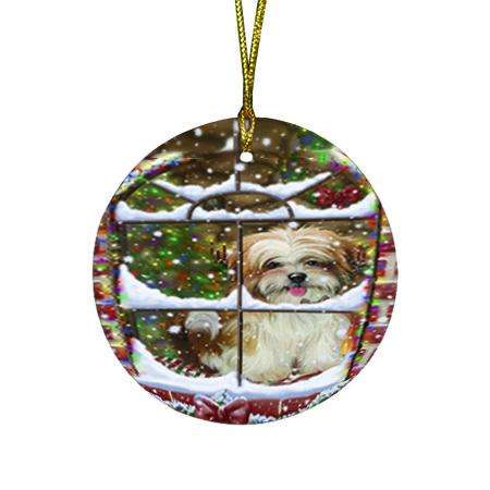 Please Come Home For Christmas Malti Tzu Dog Sitting In Window Round Flat Christmas Ornament RFPOR53634
