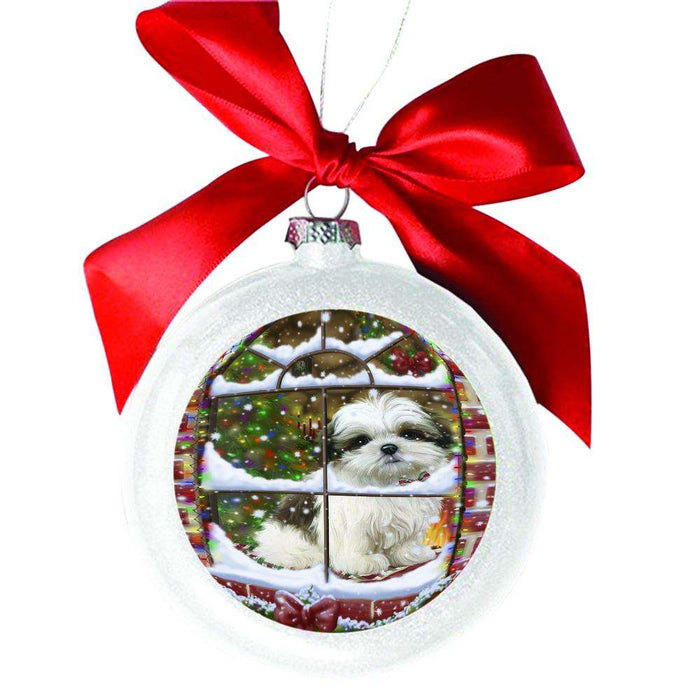 Please Come Home For Christmas Malti Tzu Dog Sitting In Window White Round Ball Christmas Ornament WBSOR49186