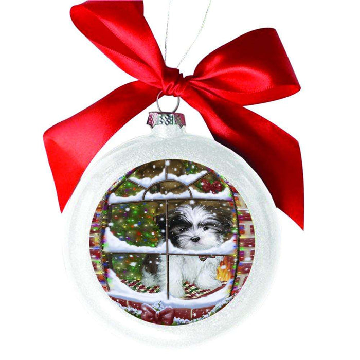 Please Come Home For Christmas Malti Tzu Dog Sitting In Window White Round Ball Christmas Ornament WBSOR49187