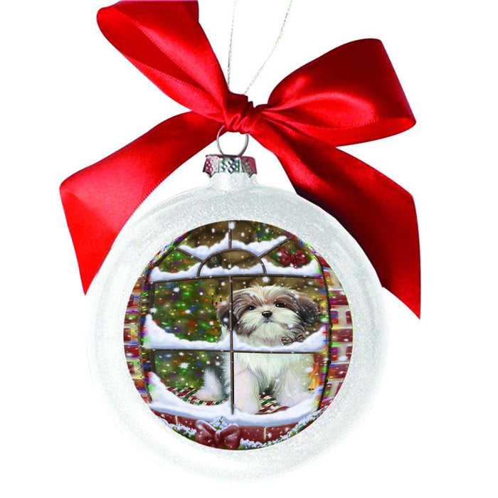 Please Come Home For Christmas Malti Tzu Dog Sitting In Window White Round Ball Christmas Ornament WBSOR49188