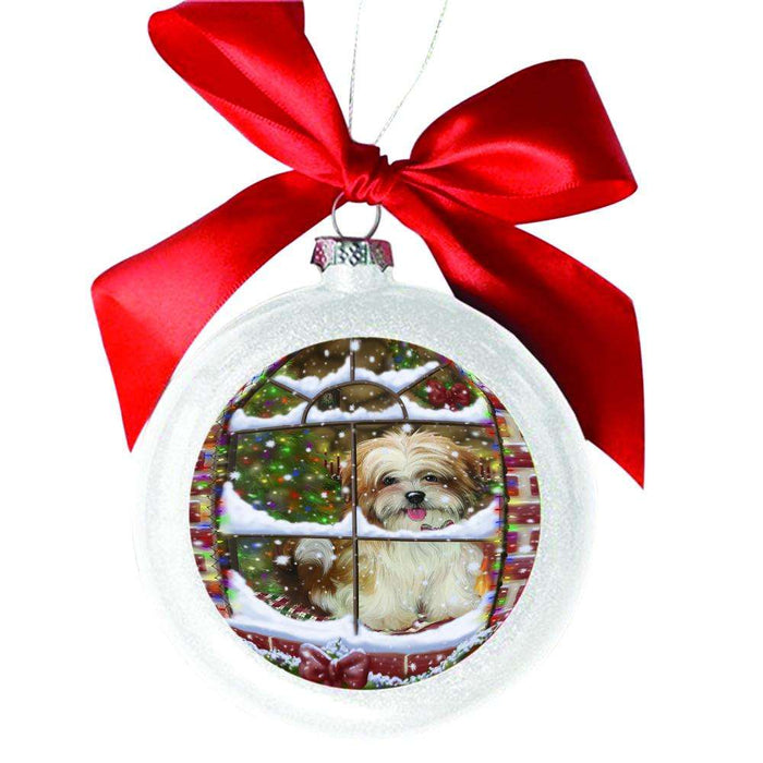 Please Come Home For Christmas Malti Tzu Dog Sitting In Window White Round Ball Christmas Ornament WBSOR49189