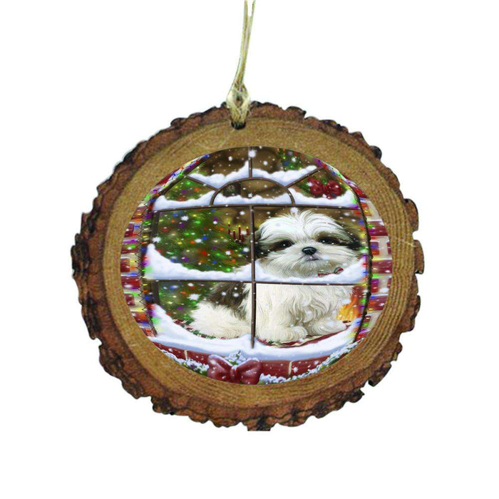 Please Come Home For Christmas Malti Tzu Dog Sitting In Window Wooden Christmas Ornament WOR49186