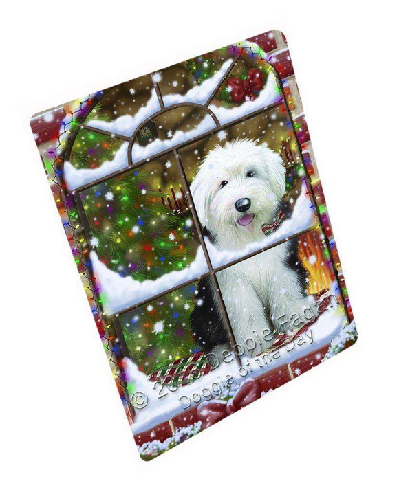 Please Come Home For Christmas Old English Sheepdog Dog Sitting In Window Art Portrait Print Woven Throw Sherpa Plush Fleece Blanket