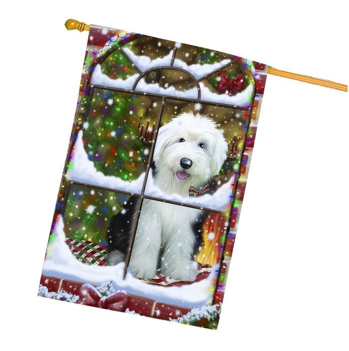 Please Come Home For Christmas Old English Sheepdog Dog Sitting In Window House Flag