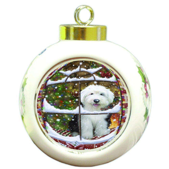 Please Come Home For Christmas Old English Sheepdog Dog Sitting In Window Round Ball Ornament D406
