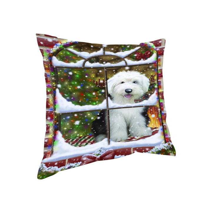 Please Come Home For Christmas Old English Sheepdog Dog Sitting In Window Throw Pillow