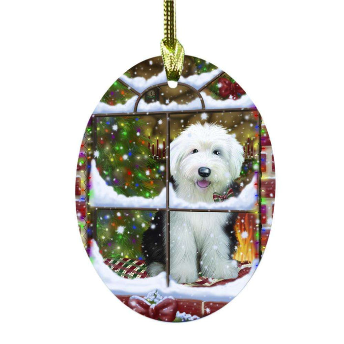 Please Come Home For Christmas Old English Sheepdog Sitting In Window Oval Glass Christmas Ornament OGOR49190