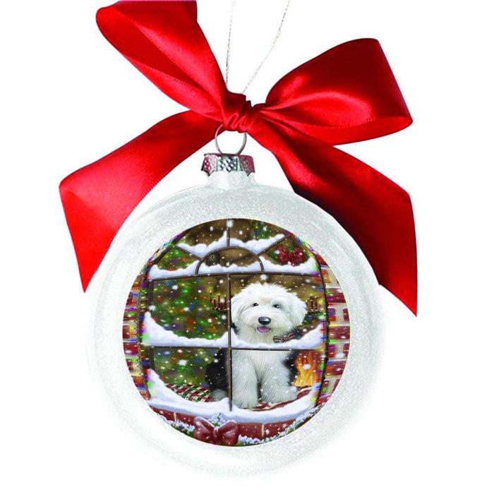 Please Come Home For Christmas Old English Sheepdog Sitting In Window White Round Ball Christmas Ornament WBSOR49190