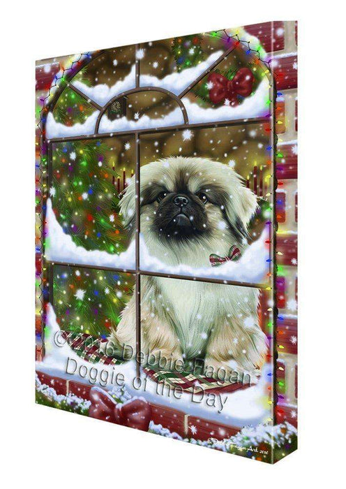 Please Come Home For Christmas Pekingese Dog Sitting In Window Canvas Wall Art