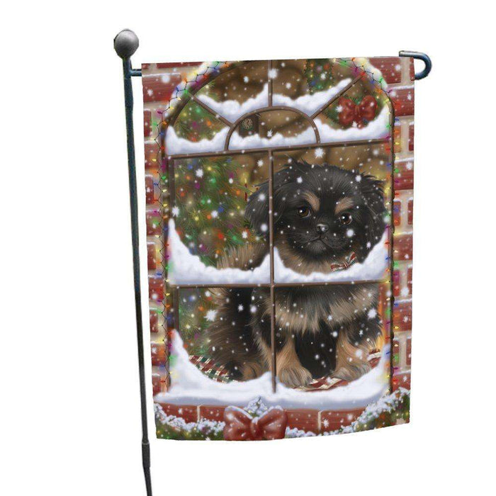 Please Come Home For Christmas Pekingese Dog Sitting In Window Garden Flag GFLG48374