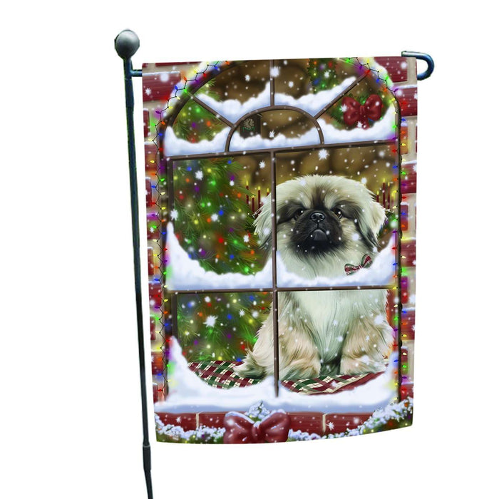 Please Come Home For Christmas Pekingese Dog Sitting In Window Garden Flag