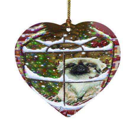 Please Come Home For Christmas Pekingese Dog Sitting In Window Heart Ornament D345