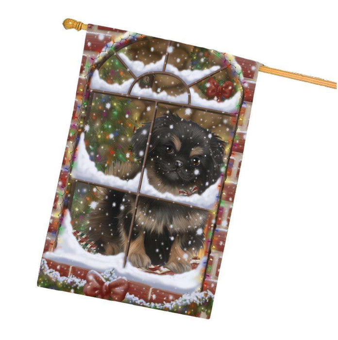 Please Come Home For Christmas Pekingese Dog Sitting In Window House Flag FLG48429