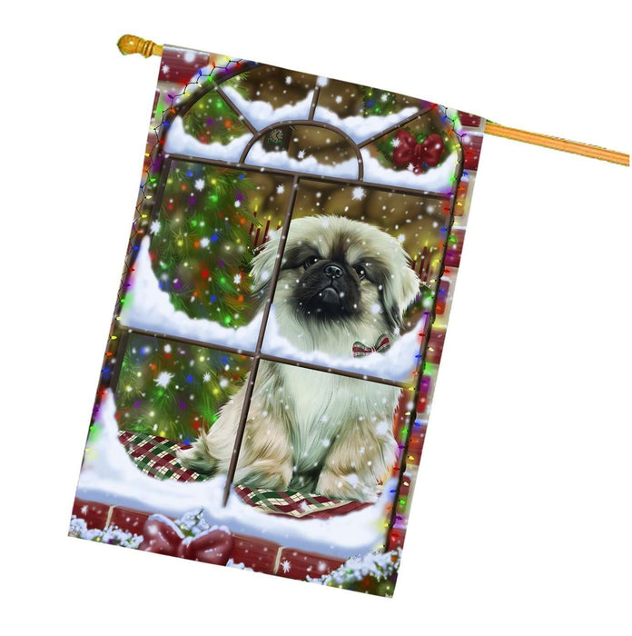 Please Come Home For Christmas Pekingese Dog Sitting In Window House Flag