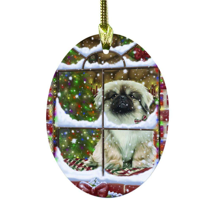 Please Come Home For Christmas Pekingese Dog Sitting In Window Oval Glass Christmas Ornament OGOR49191