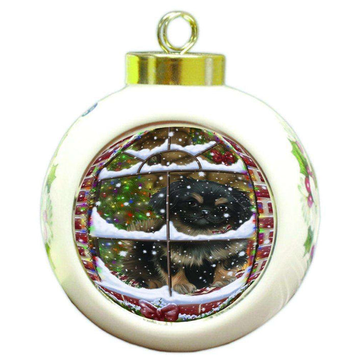 Please Come Home For Christmas Pekingese Dog Sitting In Window Round Ball Christmas Ornament RBPOR48416
