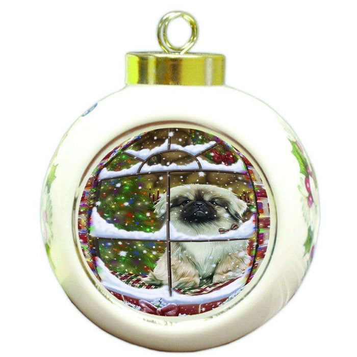 Please Come Home For Christmas Pekingese Dog Sitting In Window Round Ball Ornament D373