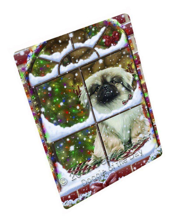 Please Come Home For Christmas Pekingese Dog Sitting In Window Tempered Cutting Board