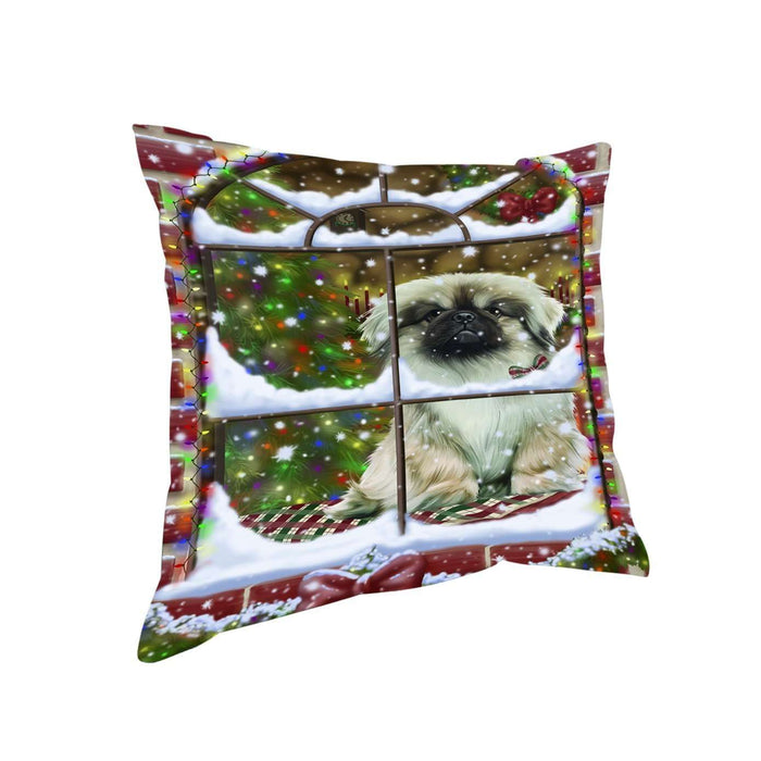 Please Come Home For Christmas Pekingese Dog Sitting In Window Throw Pillow