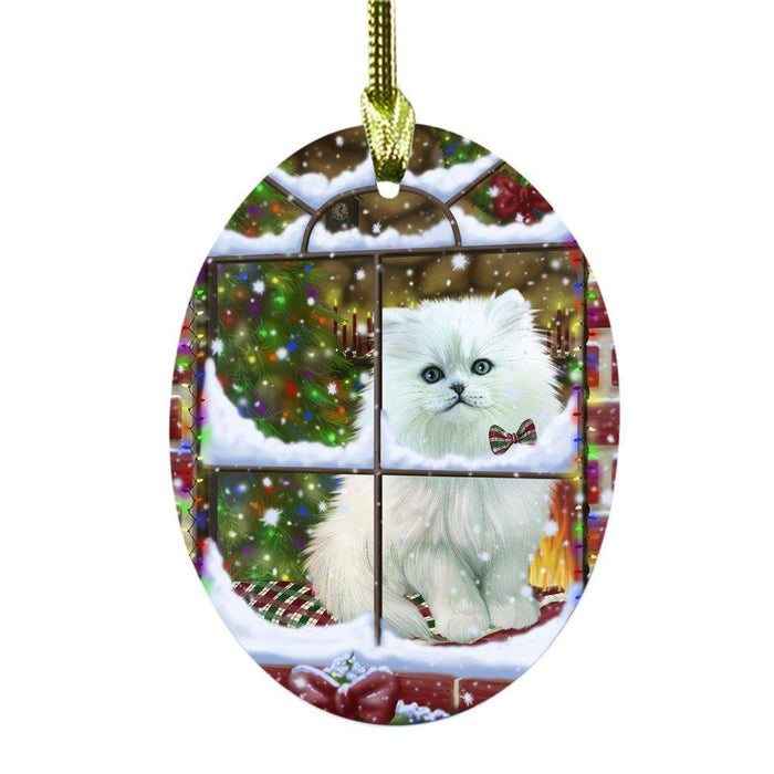 Please Come Home For Christmas Persian Cat Sitting In Window Oval Glass Christmas Ornament OGOR49192