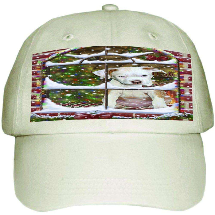 Please Come Home For Christmas Pit Bull Dog Sitting In Window Ball Hat Cap HAT48984