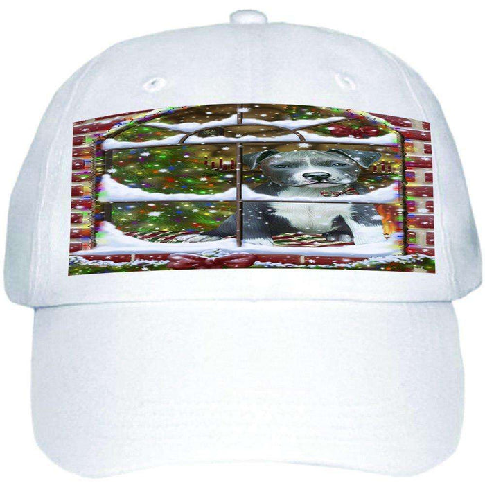 Please Come Home For Christmas Pit Bull Dog Sitting In Window Ball Hat Cap HAT48987
