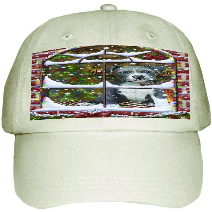 Please Come Home For Christmas Pit Bull Dog Sitting In Window Ball Hat Cap HAT48987