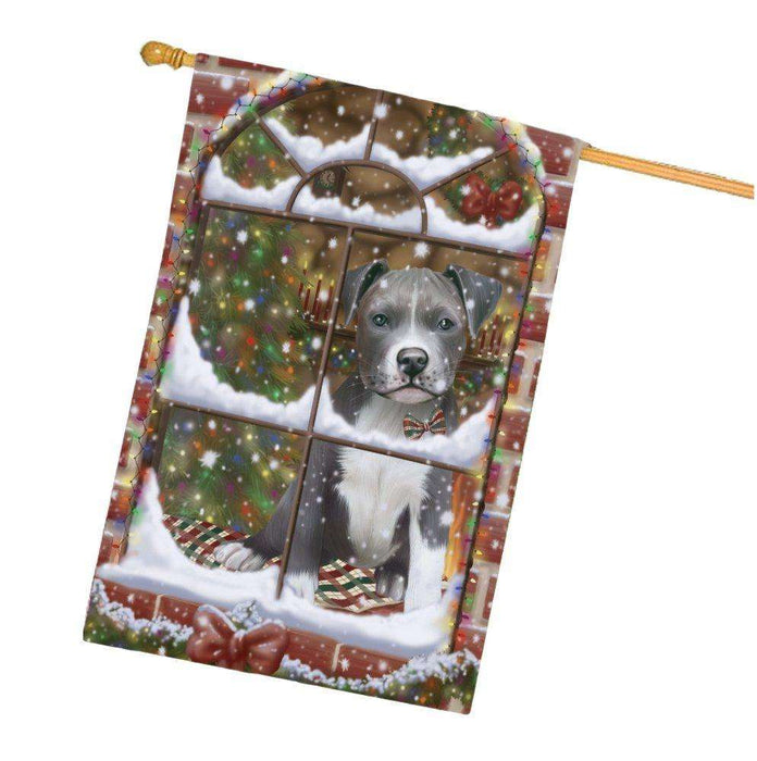 Please Come Home For Christmas Pit Bull Dog Sitting In Window House Flag FLG48431