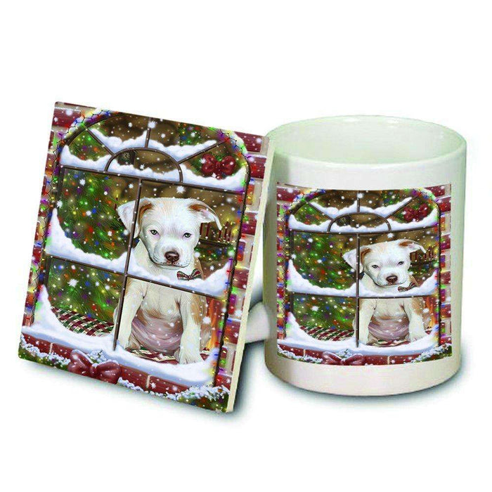 Please Come Home For Christmas Pit Bull Dog Sitting In Window Mug and Coaster Set MUC48409