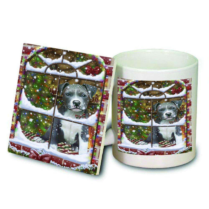 Please Come Home For Christmas Pit Bull Dog Sitting In Window Mug and Coaster Set MUC48410