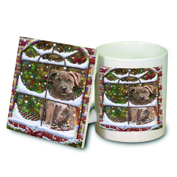 Please Come Home For Christmas Pit Bull Dog Sitting In Window Mug and Coaster Set MUC48411