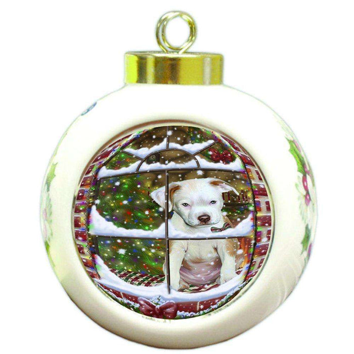 Please Come Home For Christmas Pit Bull Dog Sitting In Window Round Ball Christmas Ornament RBPOR48417