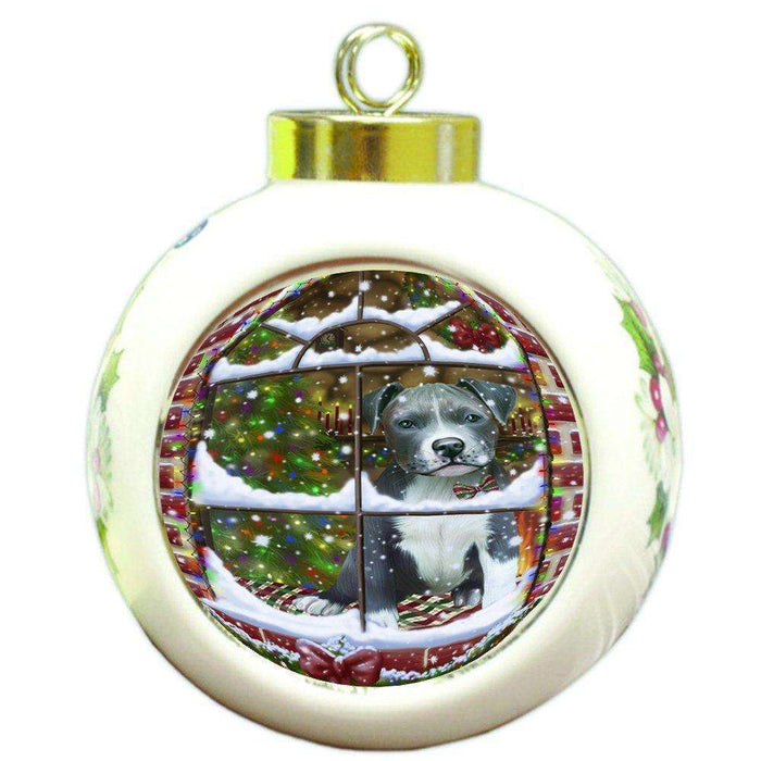 Please Come Home For Christmas Pit Bull Dog Sitting In Window Round Ball Christmas Ornament RBPOR48418