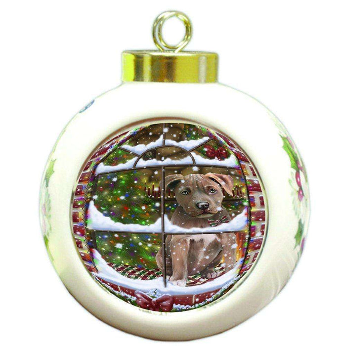 Please Come Home For Christmas Pit Bull Dog Sitting In Window Round Ball Christmas Ornament RBPOR48419