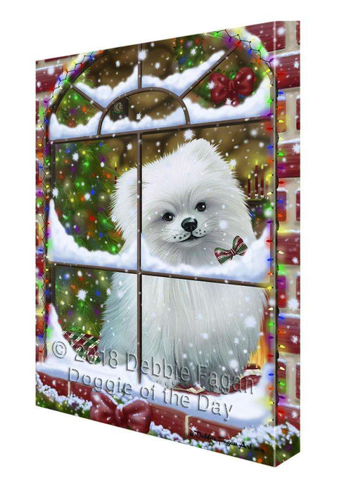Please Come Home For Christmas Pomeranian Dog Sitting In Window Canvas Print Wall Art Décor CVS103355