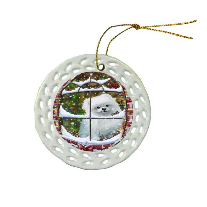 Please Come Home For Christmas Pomeranian Dog Sitting In Window Ceramic Doily Ornament DPOR53945