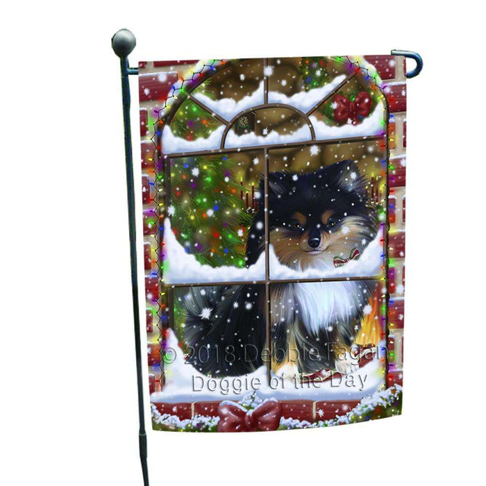 Please Come Home For Christmas Pomeranian Dog Sitting In Window Garden Flag GFLG54006