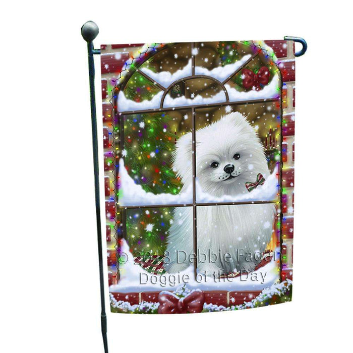 Please Come Home For Christmas Pomeranian Dog Sitting In Window Garden Flag GFLG54007
