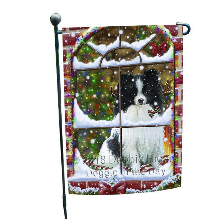 Please Come Home For Christmas Pomeranian Dog Sitting In Window Garden Flag GFLG54008