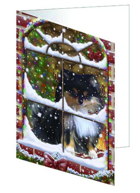 Please Come Home For Christmas Pomeranian Dog Sitting In Window Handmade Artwork Assorted Pets Greeting Cards and Note Cards with Envelopes for All Occasions and Holiday Seasons GCD65861