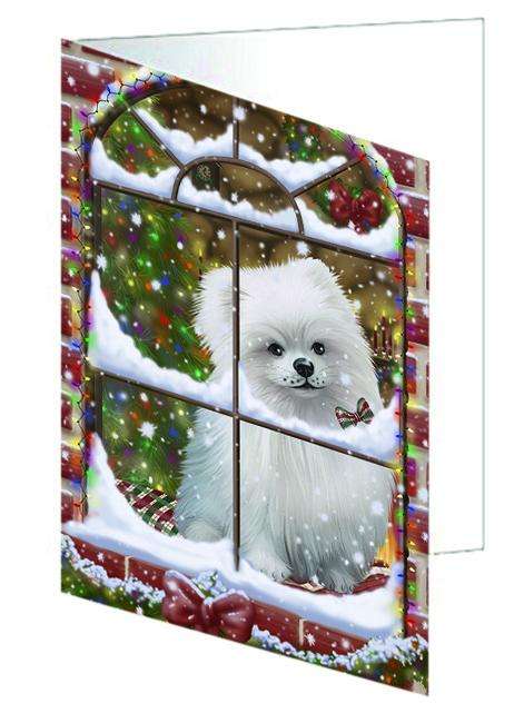 Please Come Home For Christmas Pomeranian Dog Sitting In Window Handmade Artwork Assorted Pets Greeting Cards and Note Cards with Envelopes for All Occasions and Holiday Seasons GCD65864