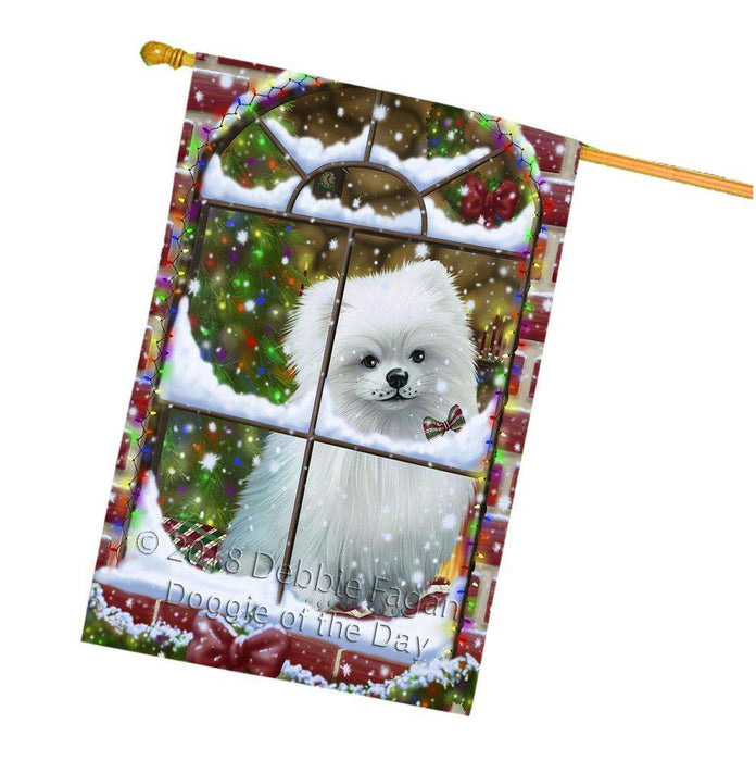 Please Come Home For Christmas Pomeranian Dog Sitting In Window House Flag FLG54143