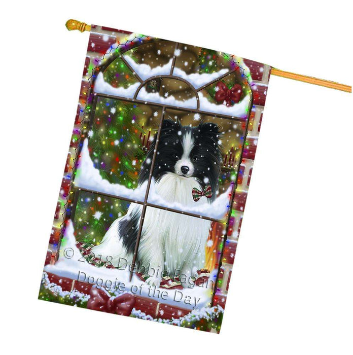 Please Come Home For Christmas Pomeranian Dog Sitting In Window House Flag FLG54144