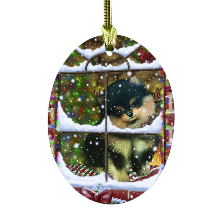 Please Come Home For Christmas Pomeranian Dog Sitting In Window Oval Glass Christmas Ornament OGOR49195