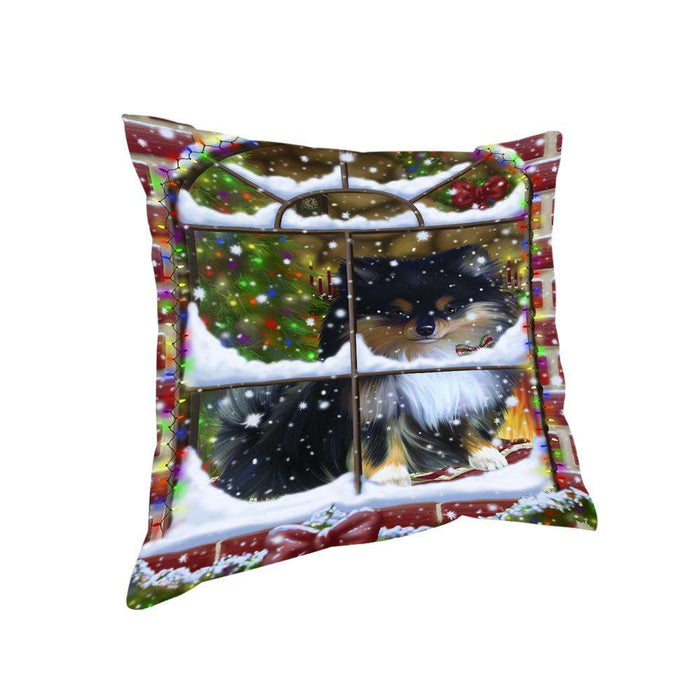 Please Come Home For Christmas Pomeranian Dog Sitting In Window Pillow PIL72400