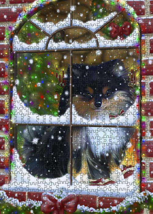 Please Come Home For Christmas Pomeranian Dog Sitting In Window Puzzle with Photo Tin PUZL82932