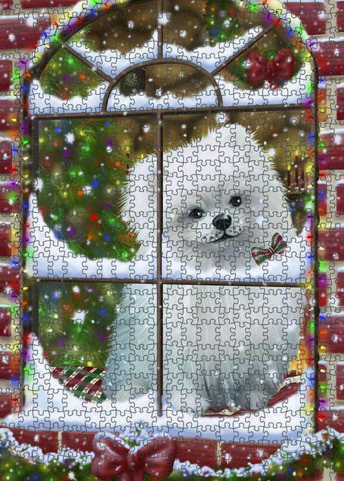 Please Come Home For Christmas Pomeranian Dog Sitting In Window Puzzle with Photo Tin PUZL82936